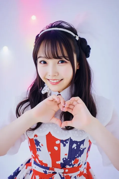 "A cheerful young female idol with big, sparkling eyes and a bright smile, wearing a colorful and stylish idol outfit with frills and ribbons. She is forming a heart shape with her hands in front of her chest. Her hair is styled in cute twin tails with dec...