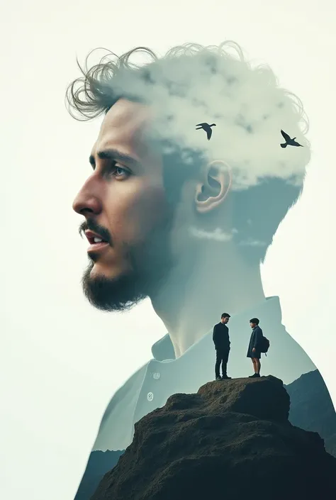 This image is a striking double exposure that blends a portrait with a natural landscape. The left side features the profile of a man with facial hair, set against a backdrop of soft clouds and distant mountains. In the foreground of the natural landscape,...