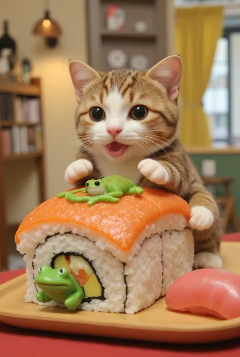  Sylvanian Families。The fantasy world of futomaki frog sushi 。Sushi restaurant。color々A brown and white cat sitting on a huge futomaki sushi roll with a frog in it。 holding tuna sushi in her hands 。Frog sushi and slug sushi in the air 、 eel sushi and sushi ...