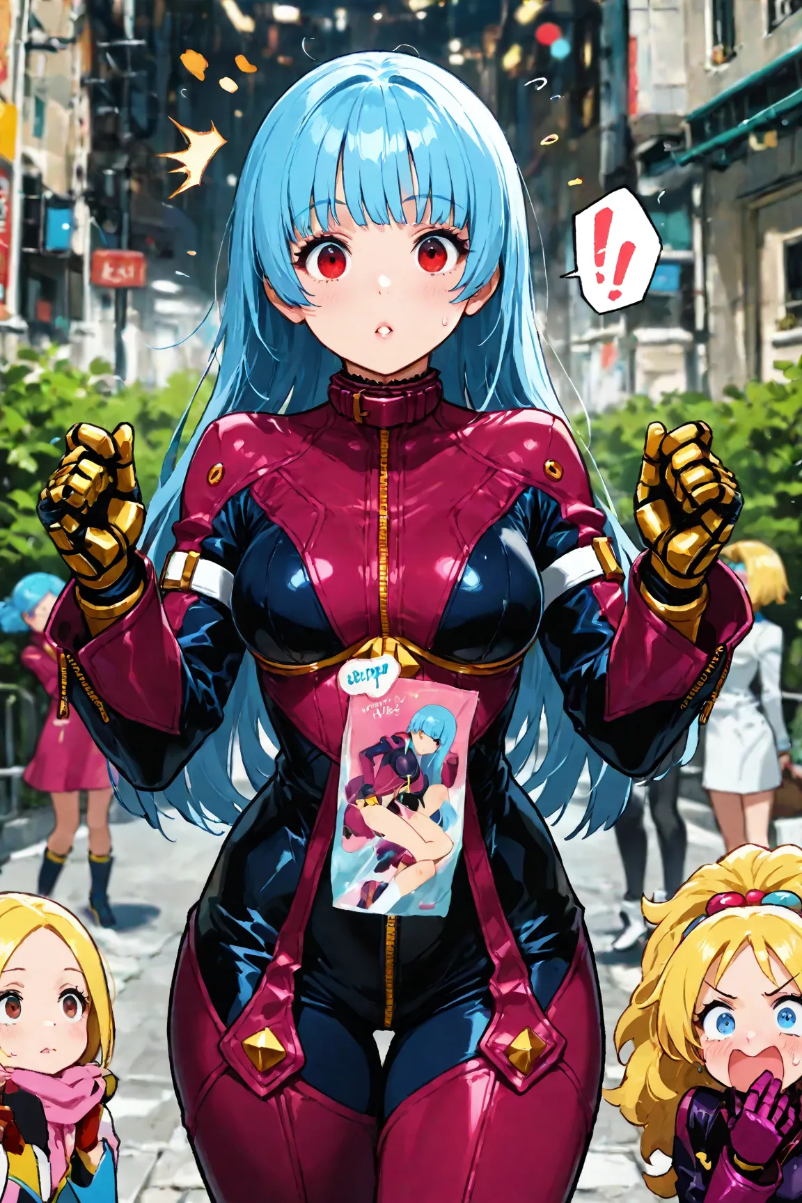 5girls, Kula Diamond and her clones from King of Fighters, King of Fighters, Kula's suit, Dimly lit lab, They have different hair colors (each girl), medium breasts, parted lips, Kula's clones, the clones are surrounding her,, looking at the viewer, surpri...