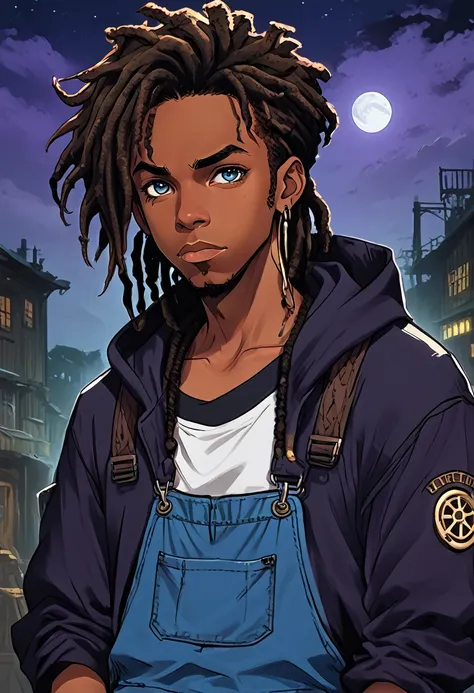 (masterpiece, top quality, best quality,official art, beautiful and aesthetic:1.2),anime drawing of an dark skin person with a black dreadlocks and a white shirt, wearing black hoodie with an gears logo on it, steampunk clothing, overalls,  halfbody headsh...