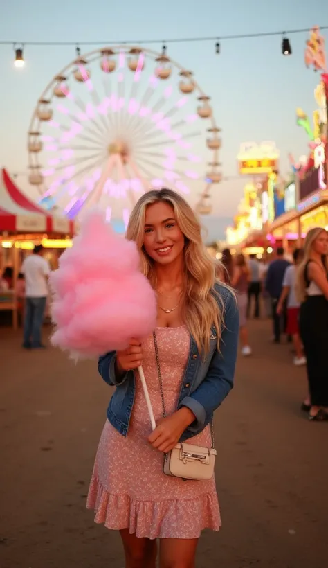 A breathtakingly beautiful model, hannah, with a radiant smile enjoys a lively evening at a bustling fairground. Her long, golden blonde hair is styled in loose waves, catching the warm glow of the fair's lights, and her natural makeup enhances her glowing...