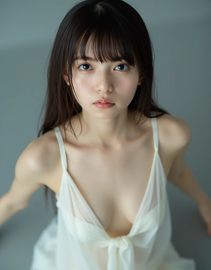 Facial close-up, High-angle, *The image is a portrait of a thin and small young woman named Asuka posing for a photo. She has a short stature, Snow-white skin, Narrow shoulders. She is smiling at the camera. Her has straight, dark brown hair with bangs, an...