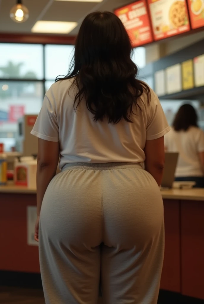 photo of a slender woman from behind ordering food at mcdonalds, big booty female with a skinny waist, slender neck, she has a bottom-heavy body, she's got a tiny waist but a big round ass, she has an enormous ass and thick thighs, she has wide hips, she i...