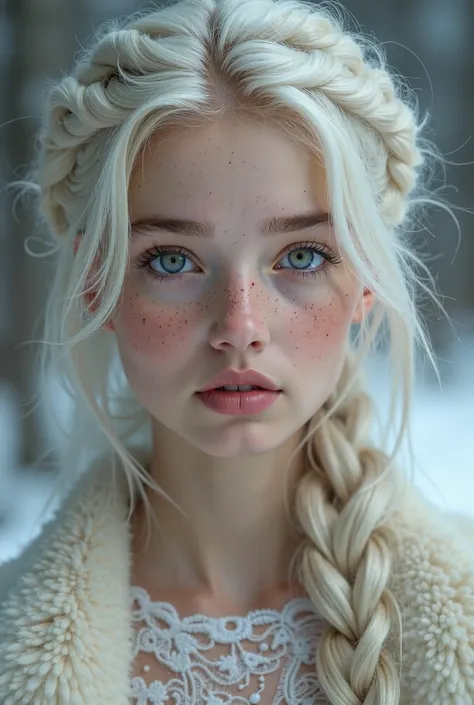  A girl with a Scandinavian hairstyle like Daenerys' in a fur-trimmed dress with blond freckles and dark eyes, beautiful full lips , delicate facial features, long eyelashes,  beauty ,  white hair