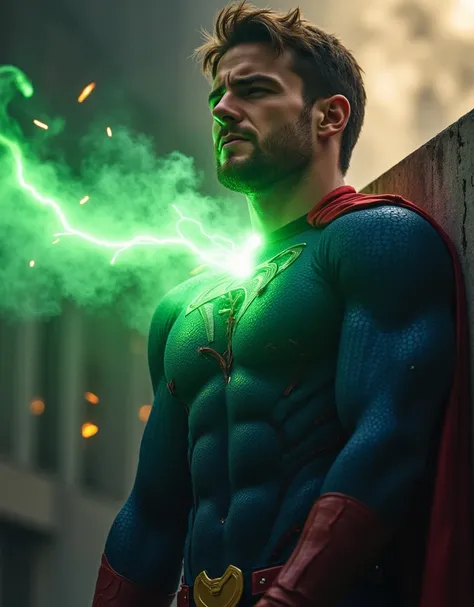 attractive European Man, ericjanicki, Handsome, short brunette hair, 30 years old, stands leaning his back against a wall, grimacing facial expression, eyes closed, suffering, pain, hurt, agony. the character is being struck by a bright, green energy beam ...