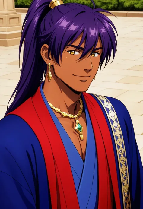 score_9, score_7_up, source_anime
asmankad, 1boy, male focus, solo, dark-skin, dark-skinned male, yellow eyes, purple hair, long hair, hair between eyes, ponytail, jewelry, earrings, necklace, robe, blue robe, vest, red vest, smile, portrait
outdoor,