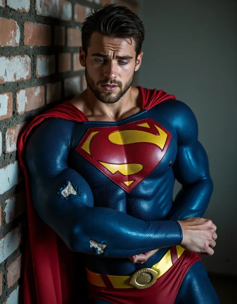 attractive European Man, ericjanicki, Handsome, blue coloured eyes, short brunette hair, 30 years old, leaning one arm against a interior brick wall, sore, with his eyes closed and his mouth slightly open, he appears weak and in pain, eyes closed, His faci...