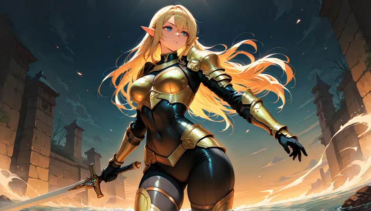 a picture of elf knight female warrior, she has long gold hair, wearing heavy medival armor, armed with a long sword, ready for battle, dynamic angle,, Japanese fantasy art, (Masterpiece: 1.5), 16k, highres, best quality, high details, ultra detailed, mast...