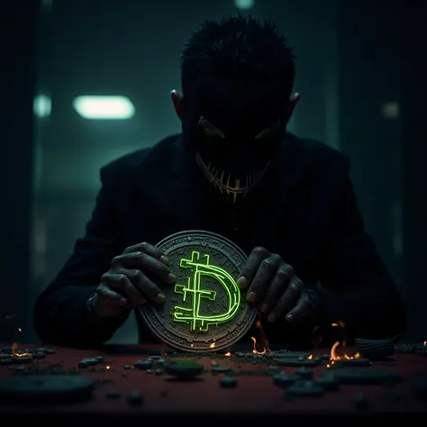 A guy with a black mask Sculpting  of a  "DIGICOIN "  , coin similar like bitcoin but change for a green "D" high quality detalis , high quality , acid theme  , put on logo more details like some geometric or lines not any inscriptions on coin ,  above log...