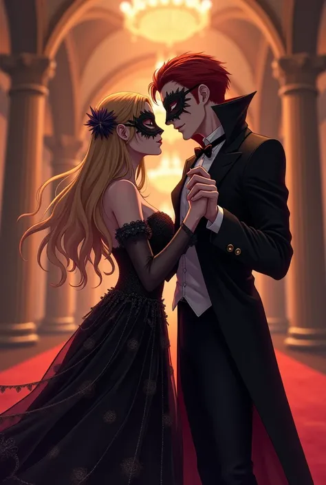  I want to create a scene ,  Anime style.  Two characters at the ball : A girl in a spider dress, and a vampire guy .  They're dancing a slow dance .  The girl has straight blonde hair. The guy has red hair. They both have masquerade masks on their faces. ...