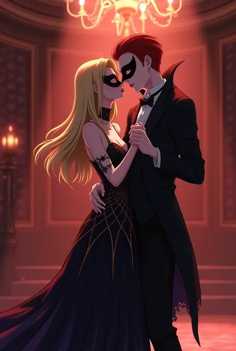  I want to create a scene ,  Anime style.  Two characters at the ball : A girl in a spider dress, and a vampire guy .  They're dancing a slow dance .  The girl has straight blonde hair. The guy has red hair. They both have masquerade masks on their faces. ...