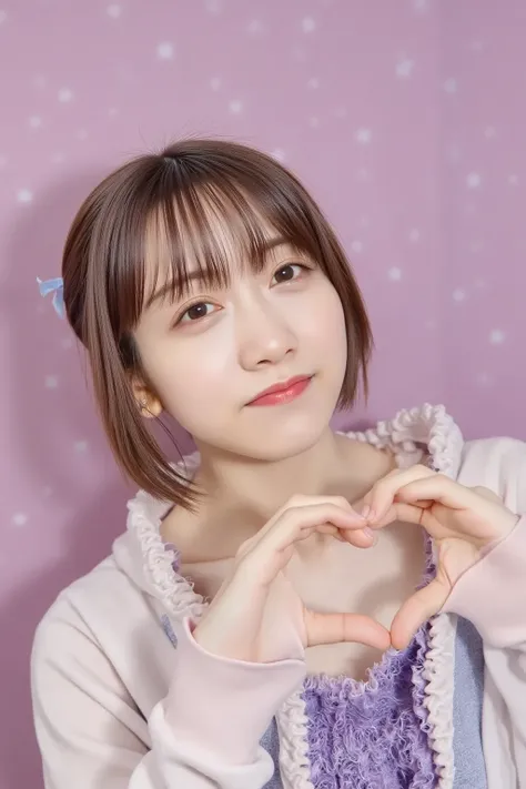 "A cheerful young female idol with big, sparkling eyes and a bright smile, wearing a colorful and stylish idol outfit with frills and ribbons. She is forming a heart shape with her hands in front of her chest. Her hair is styled in cute twin tails with dec...