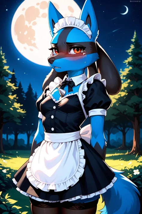 female, anthro, furry, lucario,perfect eyes,glistering eyes, maid uniform, stockings,dark sky, moon, tired facial expression, cute face,looking at viewer, blush, tears, outdoors, night_forest, three-quarter portrait, sfw, small breasts, small things