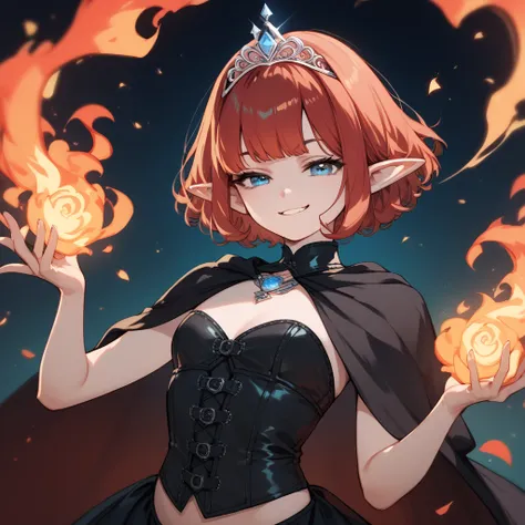 (masterpiece), best quality, 1girl, young girl, elf, blue eyes, toushled short red hair, bangs, fancy teal tunic, black leather corset, silver tiara, standing, conjuring fire from her hands, smug, mystical background