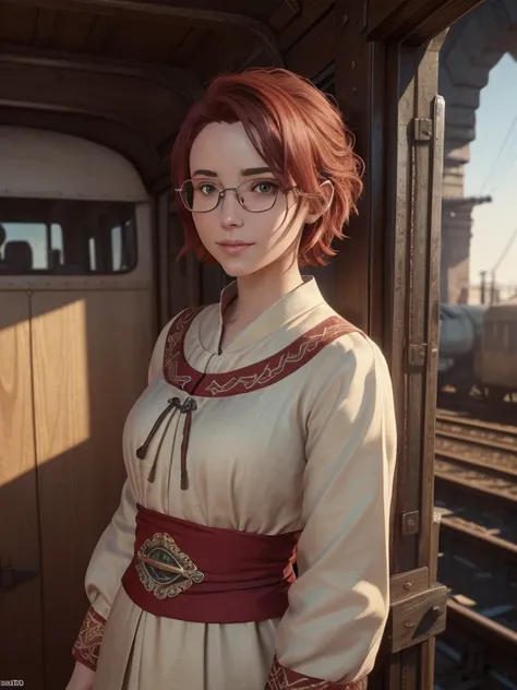  close-up,  upper body . Short, ( red hair:1.2),  green eyes,  diopter glasses with metal frames, (peasant clothes:1.6), smiling 15-year-old girl on the background of a locomotive. (a lot of money:1.4). ( Masterpiece ,  top quality,  best quality,  officia...