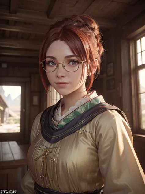  close-up,  upper body . Short, ( red hair:1.2),  green eyes,  diopter glasses with metal frames, (peasant clothes:1.6),  locomotive (a smiling 15-year-old girl in the background of a :1.2). (a lot of money:1.4). ( Masterpiece ,  top quality,  best quality...