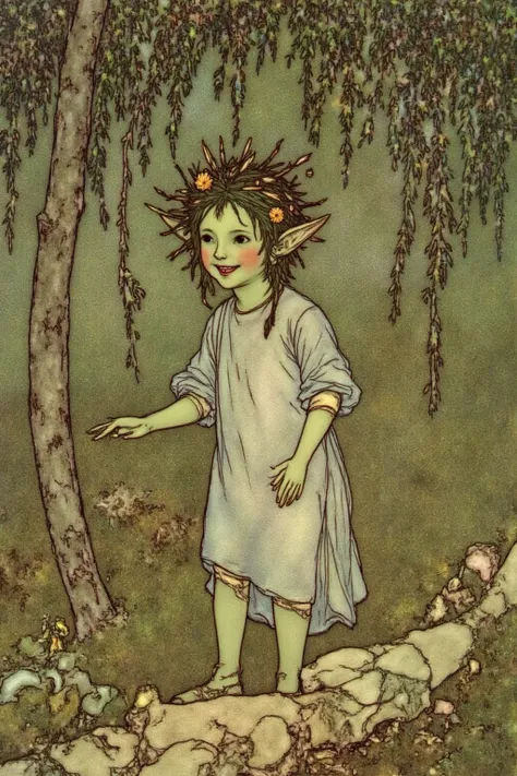 dulac1 illustration. Fairytale. A young small joyous elf in a white tunic standing in a forest. She has light green skin and dark green hair. She has a lower tucked above one ear. She has short messy hair maid of sticks and leaves.