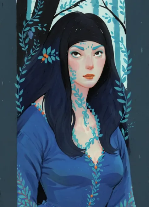 score_9, score_8_up, score_7_up, score_6_up, score_5_up, score_4_up, 1_woman, blue skin, long_hair, wearing a vibrant long peasant medieval dress, detailed clothing, sketches, detailed thick gouache painting, illustration, in gougoupaintleaves style:1.5, h...