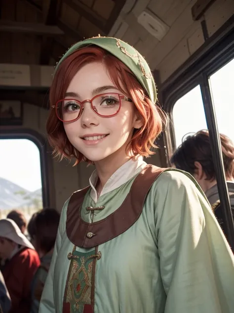  close-up,  upper body . Short, ( red hair:1.2),  green eyes,  diopter glasses with metal frames, (peasant clothes:1.6),  locomotive (a smiling 15-year-old girl in the background of a :1.2). (a lot of money:1.4)