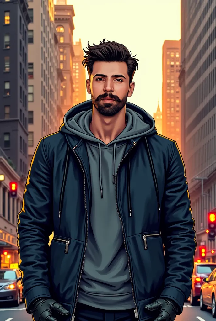 HIGH GRAPHIC ILLUSTRATION IN MODERN COMIC BOOK STYLE,  DARK GRAY HOODED GRAY SWEATSHIRT PLACED,  young man , with short and pronounced mustache and beard on the chin,  leather gloves ,  black leather jacket  , New York City, SERIOUS LOOK WATCHING THE CITY ...