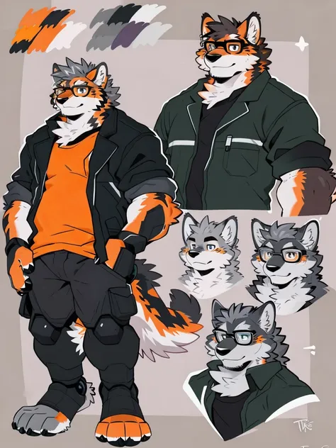 A hybrid Blue Heller with a reddish wolf ((All gray hair with orange details:1.5)),  perfect blue eyes , glasses, (artist:Takemoto Arashi),  young face, elderly,  simple background,  in a serious face, brilliance, (dense fur:1.5), ( Clear facial details ),...