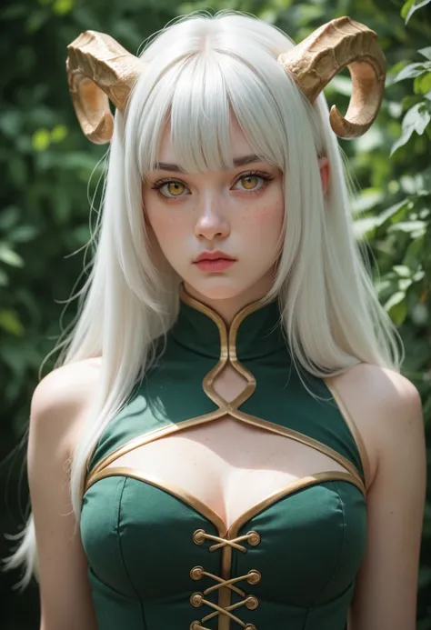 score_9, score_8_up, score_7_up, 1girl, solo, gold twisted ram's horns, freckles, white hair, long hair, long bangs, golden eyes, pale skin, green dress, medium breasts, black underbust corset, breasts cutout, medium shot, portrait,
ko465style