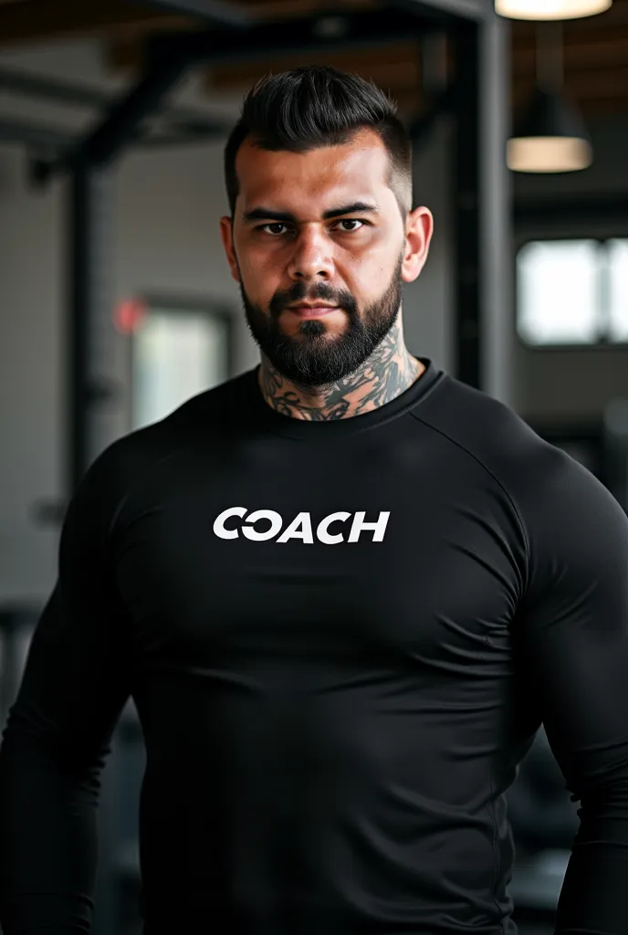 Serious white man of 41 years old 173 cm tall and 106 kg in weight with shaved black hair with short beard small black with tattoos on the neck with black clothes long sleeves with logo printed on the chest COACH muscular thick realistic gym background