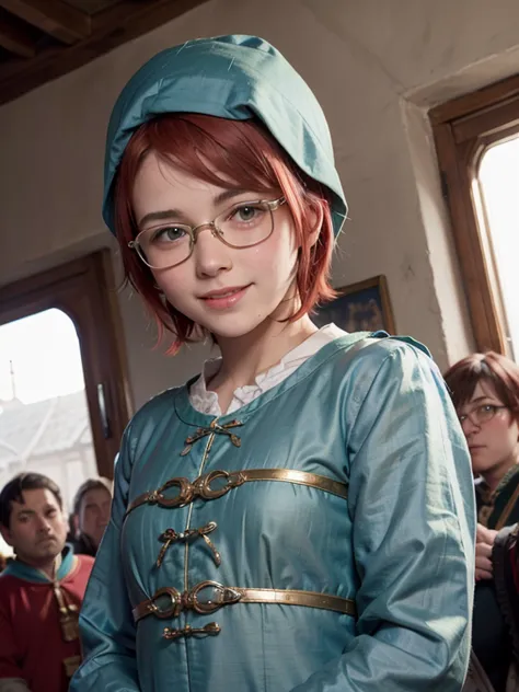  close-up,  upper body . Short, ( red hair:1.2),  green eyes,  diopter glasses with metal frames, (peasant clothes:1.6),  locomotive (a smiling 15-year-old girl in the background of a :1.2). (a lot of money:1.4)