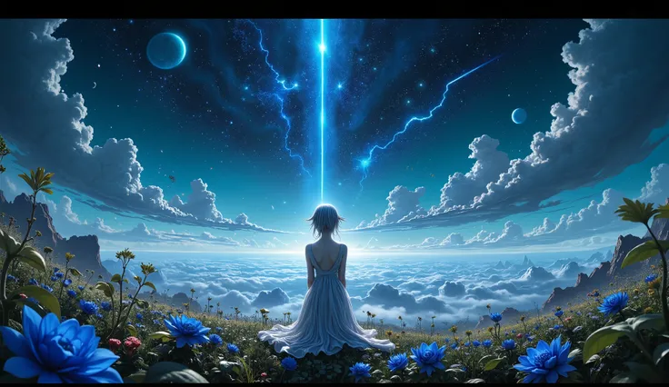  masterpiece, arte conceptual, panorama, in the center, form,  general plan , garden,  night, (meteor),  Space Galaxy Background, ( Great composition ,  epic scale ),  dynamic lighting ,  bright colors, blue rose,Landscape Long Eyelashes ,  round eyes,  si...