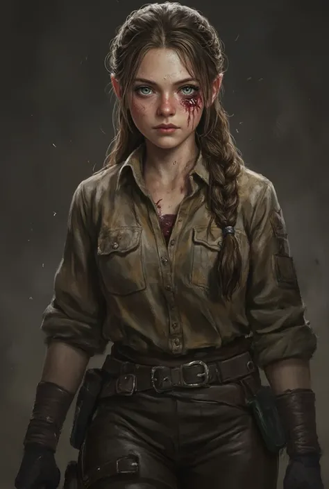 A female young adult halfling with blue eyes and brown hair in a braid, wearing a shirt with long sleeves and tight leather pants with a bleeding cut on her cheek and a dark bruise, a cut on her lip