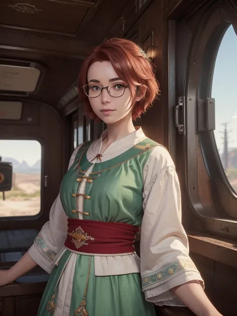  close-up,  upper body . Short, ( red hair:1.2),  green eyes,  diopter glasses with metal frames, (peasant clothes:1.6), a smiling 15-year-old girl stands on a peron in the background of a locomotive. (a lot of money:1.4). ( Masterpiece ,  top quality,  be...