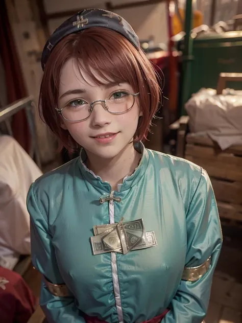  close-up,  upper body . Short, ( red hair:1.2),  green eyes,  diopter glasses with metal frames, (peasant clothes:1.6),  locomotive (a smiling 15-year-old girl in the background of a :1.2). (a lot of money:1.4)