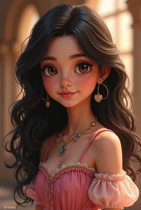  Create an image showing a girl of about 3 or . That girl is a brunette,  singer with medium long hair , black and wavy, Brunette with skin and brown eyes. I need the background to be decorated with princess' things as well as some detail on their clothes....