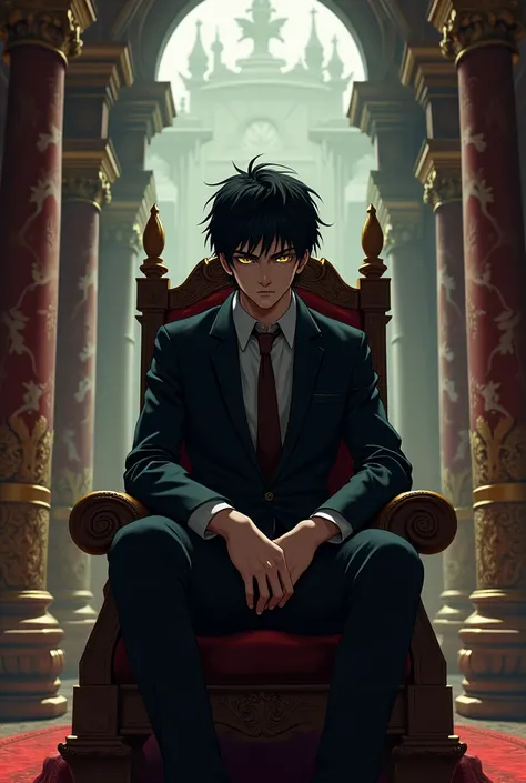 anime serious boy  with yellow eyes and black hair sitting in a chair in  a castle 