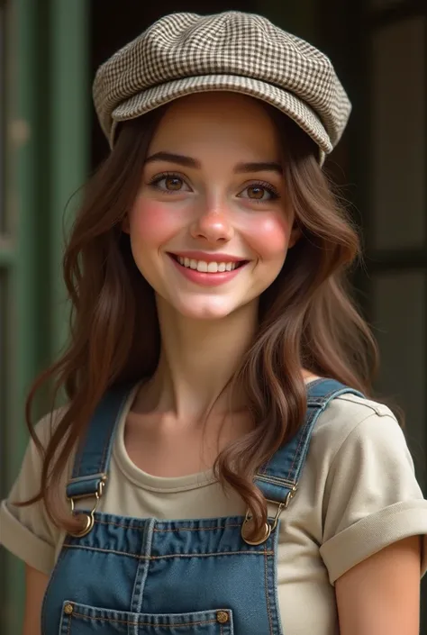 The pretty smiling face of my 18yo English daughter who looks similar to Emma Watson, brown eyes, long brunette hair, The year is 1960 and she is in denim dungarees, wearing  a check cloth cap