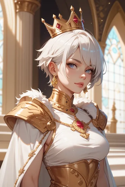 A king wearing royal clothes in white and gold and  wearing a golden crown on his head in a golden palace   Short Hair, White Hair, 