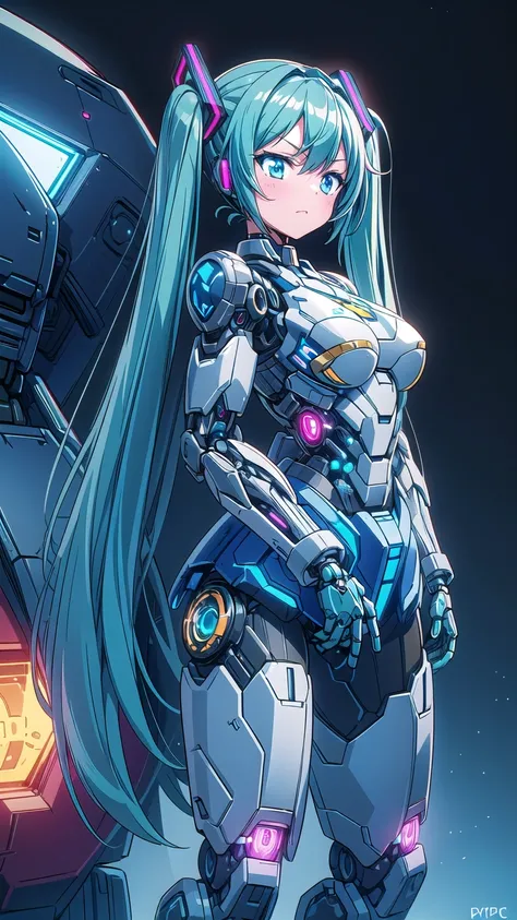 Masterpiece, ((1 Girl)), Hatsune Miku, Twin Tails, Aqua Blue Hair, Aqua Blue Eyes, Mecha Musume, Semi-Monocoque Body: 1.5, (Cyborg Soldier Girl: 1.5)), pcpcpc, staeking light, safe delivery type, (cyber punk), big boobs, sexaloid: 1.5