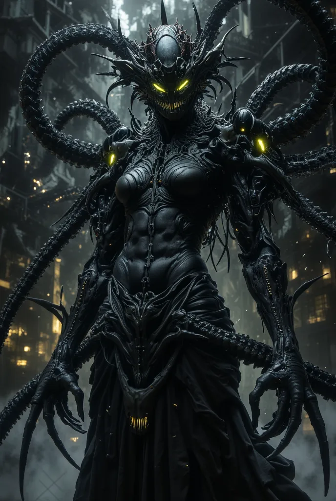 Create a highly detailed and surreal depiction of an Eldritch horror in a female form. The figure has a completely black body covered in countless glowing, unblinking eyes and sharp, jagged teeth scattered across her entire form, not just the face. She has...