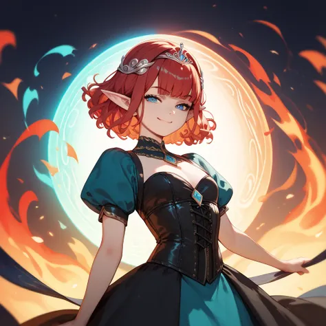 (masterpiece), best quality, 1girl, young girl, elf, blue eyes, toushled short red hair, beautiful, bangs, fancy teal tunic, black leather corset, silver tiara, standing, conjuring fire from her hands, smug, mystical background, opal medallion