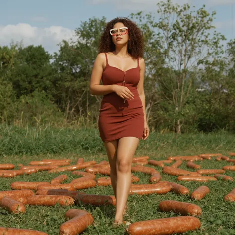 A A voluptuous busty curvy burgundy colored curly locks hair wish thick red and white  glasses Dominican woman  in a sexy small skimpy dress walking in a field of salamis 