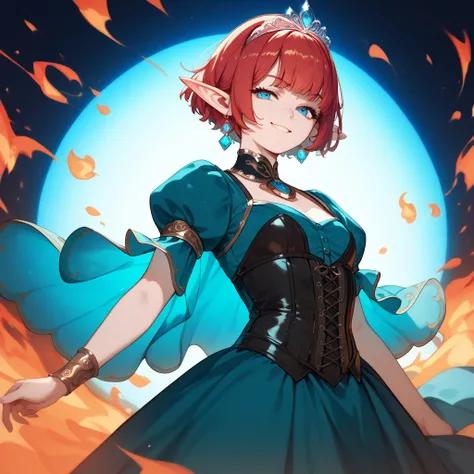 (masterpiece), best quality, 1girl, young girl, elf, blue eyes, toushled short red hair, beautiful, bangs, fancy teal tunic, black leather corset, silver tiara, standing, conjuring fire from her hands, smug, mystical background, opal medallion