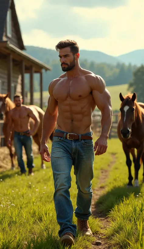 A hyper-realistic image of a vibrant countryside farm with lush green fields, wooden stables, and several majestic horses grazing and roaming freely. The scene is filled with handsome, muscular men working under the warm glow of the afternoon sun, their ta...