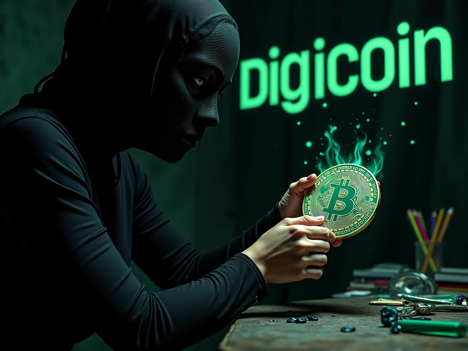 A women with a black mask Sculpting  of a  "DIGICOIN "  , coin similar like bitcoin but change for a green "D" high quality detalis , high quality , acid theme  , put on logo more details like some geometric or lines not any inscriptions on coin ,  above l...