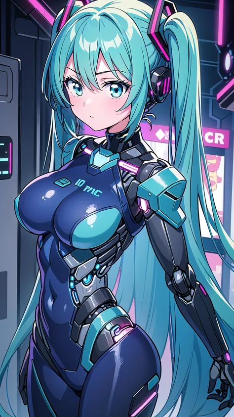 Masterpiece, ((1 Girl)), Hatsune Miku, Twin Tails, Aqua Blue Hair, Aqua Blue Eyes, Mecha Musume, Semi-Monocoque Body: 1.5, (Cyborg Soldier Girl: 1.5)), pcpcpc, staeking light, safe delivery type, (cyber punk), big boobs, sexaloid: 1.5