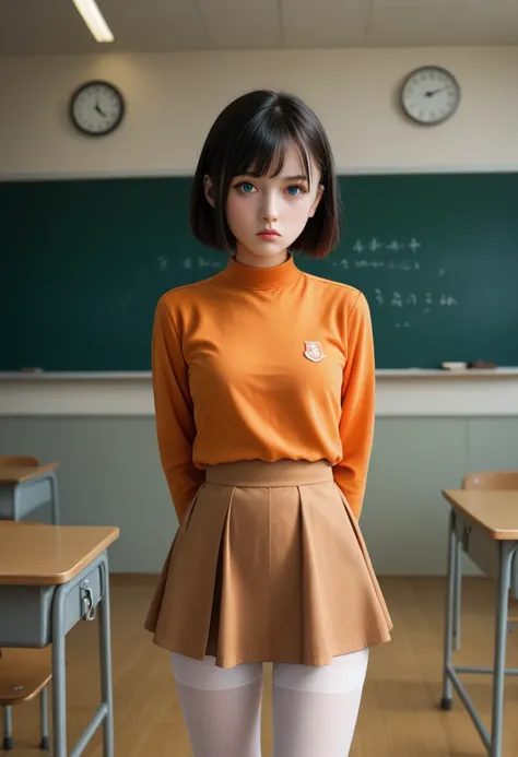 core_9, score_8_up, score_7_up, perfect lighting, very aesthetic, intricate details, highly detailed background, high quality, perfect hands, zenshu, natsuko hirose, black hair, short hair, blue eyes, young, standing, skirt overall, orange shirt, long slee...