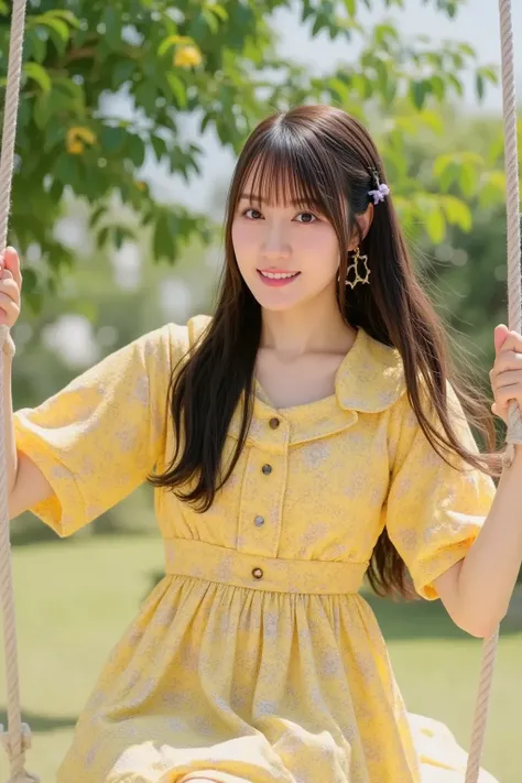 A cute woman wearing a golden yellow dress, smiling happily while swinging on a swing in a park. The background shows lush green trees, a clear sky, and bright sunlight. The woman has long, flowing hair and looks joyful as she enjoys the moment. The scene ...