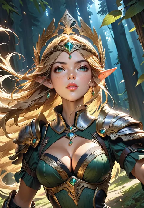 1girl, pointy ears, breasts, solo, armor, cleavage, long hair, shoulder armor, elf, jewelry, looking at viewer, earrings, medium breasts, pauldrons, , upper body, forest, nature, lips, gorget, circlet, gem, outdoors, green eyes, blonde hair, tree, freckles...