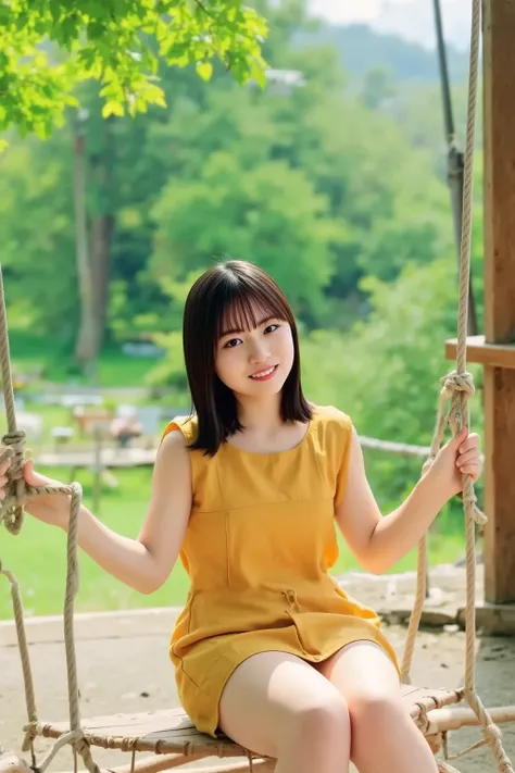 A cute woman wearing a golden yellow dress, smiling happily while swinging on a swing in a park. The background shows lush green trees, a clear sky, and bright sunlight. The woman has long, flowing hair and looks joyful as she enjoys the moment. The scene ...