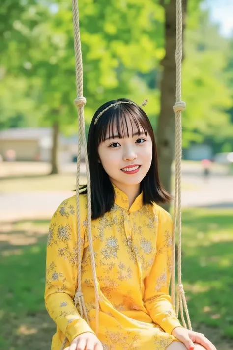 A cute woman wearing a golden yellow dress, smiling happily while swinging on a swing in a park. The background shows lush green trees, a clear sky, and bright sunlight. The woman has long, flowing hair and looks joyful as she enjoys the moment. The scene ...